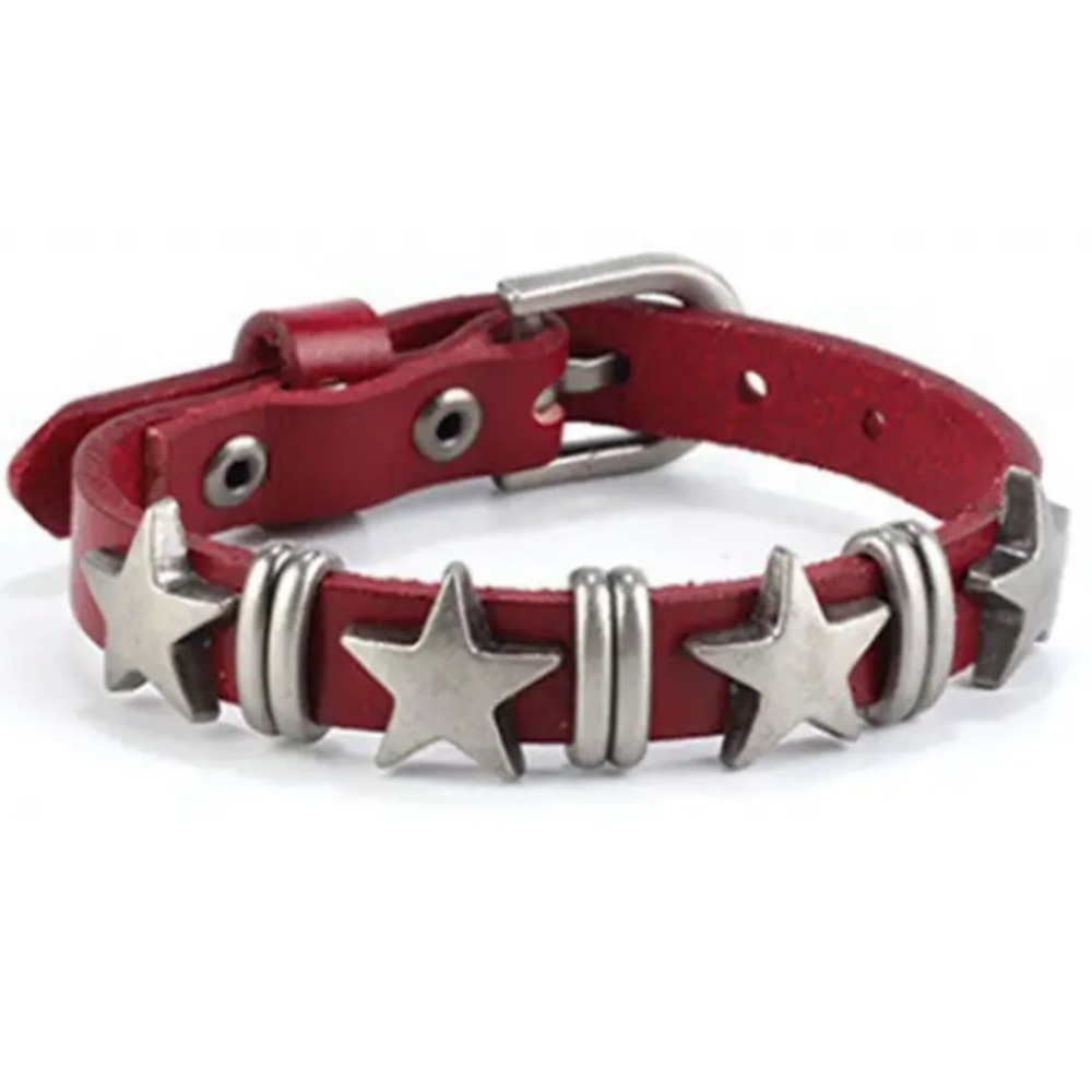 Red Leather & Silver Stars Bracelet